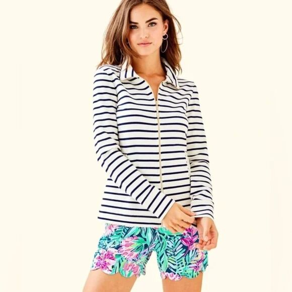 LILLY PULITZER White Navy Blue Striped Full Zip Nautical Jacket Size Medium - Picture 1 of 11